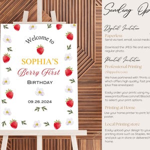 Premier panneau de bienvenue de baies, BOHO, affiche du premier anniversaire de bébé, téléchargement numérique, toile, fraise, fleurs blanches, simple, chic, décoration de fête