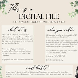 K&ouml;nnte beinhalten: Ank&uuml;ndigung einer digitalen Datei mit handgeschriebenem Text. Der Text enth&auml;lt Informationen zum Produkt, Anpassungsoptionen und Bestellhinweise. Gr&uuml;ne Bl&auml;tter akzentuieren das Design. Es ist eine digitale Vorlage.