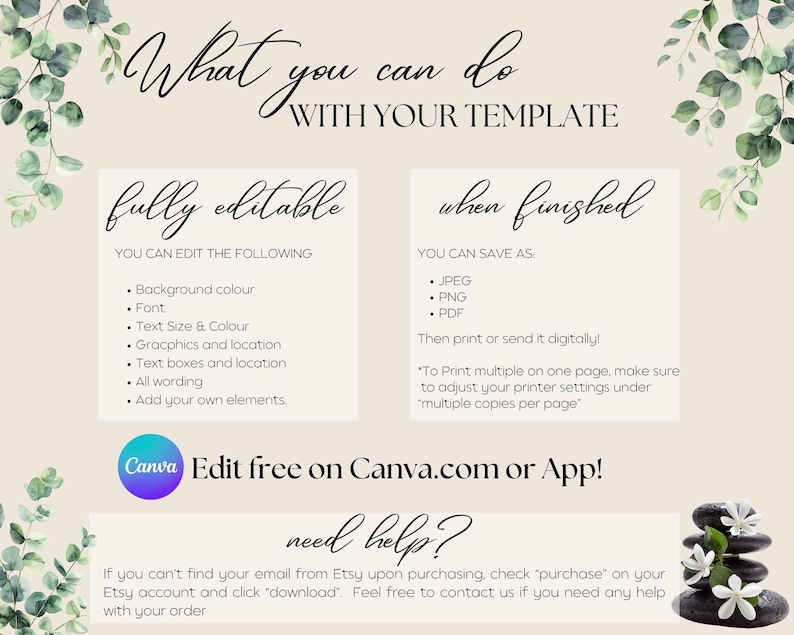 K&ouml;nnte beinhalten: Ein digitales Template in Beige mit schwarzem Text, einschlie&szlig;lich "What you can do with your template". Es werden Bearbeitungsoptionen, Speicherformate und Canva-Anweisungen detailliert. Das Design wird durch gr&uuml;nes Laub akzentuiert. Der Text ist in Schrift- und serifenlosen Schriftarten.