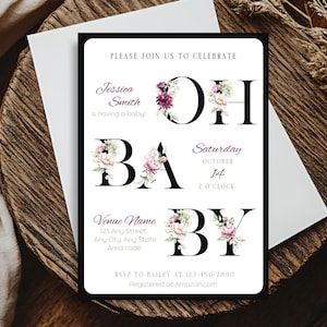 Oh, invitación para baby shower, invitación para baby shower editable, invitación para baby shower personalizable, invitación para baby shower con flores de acuarela, invitación clásica para baby shower