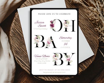 oh Baby shower invitation boho editable baby shower invite customizable baby shower evite watercolour flower baby shower invite classic