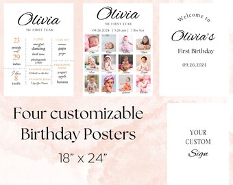 Minimalist First Birthday Photo Posters Template Baby's First Year Poster Printable Modern Birthday Instant Download 1st Birthday Posters