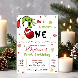 C'est un méchant premier anniversaire, invitation Grinchmas 1er anniversaire dr. seuss party evite thème grinch noël bébé anniversaire carte signifier 1