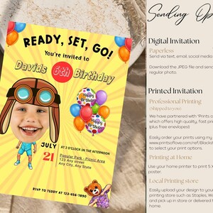 K&ouml;nnte beinhalten: Eine gelbe Geburtstagseinladung mit dem Text "READY, SET, GO!" und "Davids 6. Geburtstag". Die Einladung zeigt eine Cartoon-Illustration eines Kindes mit Pilotenm&uuml;tze und Luftballons. Das Datum ist der 21. Juli.
