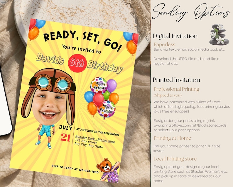K&ouml;nnte beinhalten: Eine gelbe Geburtstagseinladung mit dem Text "READY, SET, GO!" und "Davids 6. Geburtstag". Die Einladung zeigt eine Cartoon-Illustration eines Kindes mit Pilotenm&uuml;tze und Luftballons. Das Datum ist der 21. Juli.