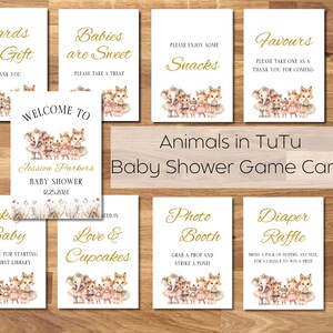 Tarjetas de baby shower con tutú de animales, tarjetas editables para baby shower de bailarina, tarjetas de refrigerio, tarjetas de rifa de pañales, tarjetas de baby shower con tema de ballet