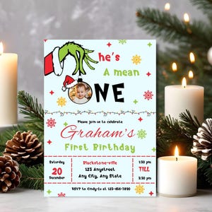 Ele é um malvado primeiro convite de aniversário Grinchmas convite de 1º aniversário dr. seuss festa evite tema grinch natal bebê cartão de aniversário malvado 1