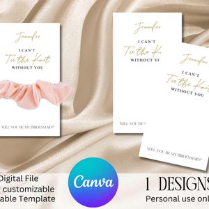 Cartão de madrinha de casamento com scrunchie, você será minha madrinha, cartão, eu não posso me casar sem você, modelo de cartão de madrinha de casamento