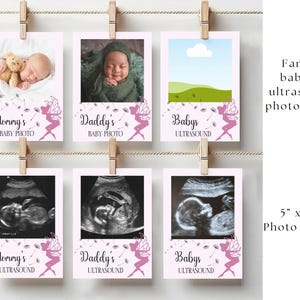 Modello per biglietti fotografici per il primo baby shower con fata, biglietti modificabili per baby shower, ecografia del baby shower, foto dei genitori, foto del bambino, fata del baby shower
