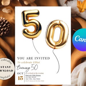 Könnte beinhalten: Eine weiße Einladungskarte mit goldenen Akzenten. Die Karte zeigt eine Grafik mit zwei goldenen Ballons in Form der Zahlen 50. Der Text auf der Karte lautet: "Sie sind eingeladen, Elliot zu feiern, der 50 Jahre alt wird. 15. Oktober um 17:00 Uhr. Harvest Club House, 123 Any Street, Any City, Any State. RSVP Alicia unter 123-456-7890."