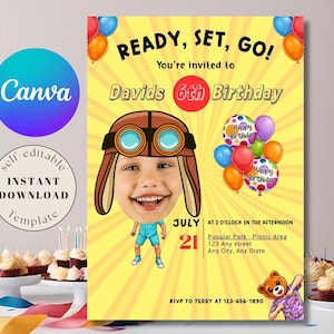 K&ouml;nnte beinhalten: Eine gelbe Geburtstagseinladung mit dem Text "READY, SET, GO!" und "Davids 6th Birthday". Sie zeigt eine Cartoon-Illustration eines Kindes mit Pilotenm&uuml;tze und Luftballons. Das Datum ist der 21. Juli.
