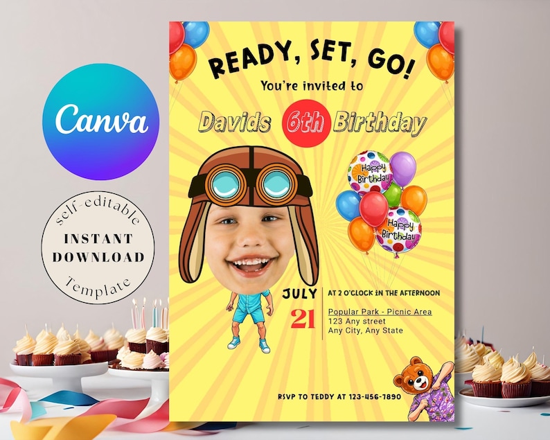 K&ouml;nnte beinhalten: Eine gelbe Geburtstagseinladung mit dem Text "READY, SET, GO!" und "Davids 6th Birthday". Sie zeigt eine Cartoon-Illustration eines Kindes mit Pilotenm&uuml;tze und Luftballons. Das Datum ist der 21. Juli.