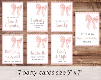 Girls just wanna be ONE first birthday party signs for birthday coquette pink bow birthday party signs editable Canva template coquette bow