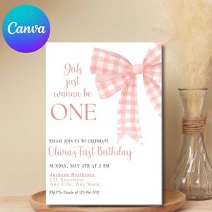 Girls just wanna be ONE first birthday invitation coquette pink bow invite watercolour pink bow birthday invitation girls just wanna be one