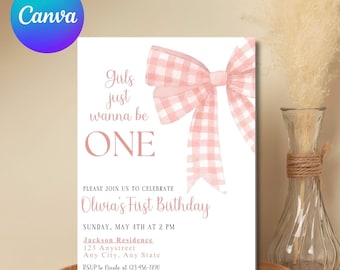 Girls just wanna be ONE first birthday invitation coquette pink bow invite watercolour pink bow birthday invitation girls just wanna be one