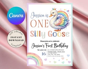 Silly Goose 1st Birthday Invitation: Rainbow Party (Digital Download)