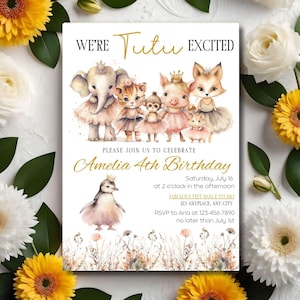 Animal ballerina birthday party invitation tutu excited birthday card baby shower theme animal ballet bday invite tutu invite tiny dancers
