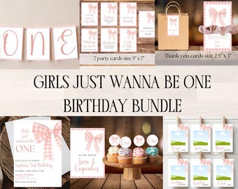 Girls just wanna be ONE first birthday bundle girls just wanna be one birthday invitation bundle fully editable girls instant download Canva