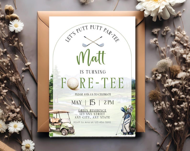 Editable Fore-tee Birthday Party Invite Mens Golf Forty Birthday Invite ...