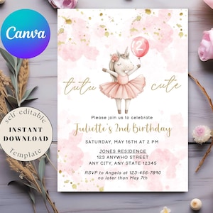 Tutu Cute Birthday Invitation Second Birthday Invitation Boho Tutu Cute Invite 2nd Birthday Invitation unicorn Ballerina Invitation Ballet