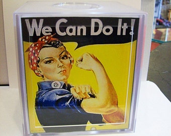 Rosie the riveter tissue box cover retro propaganda poster kitsch