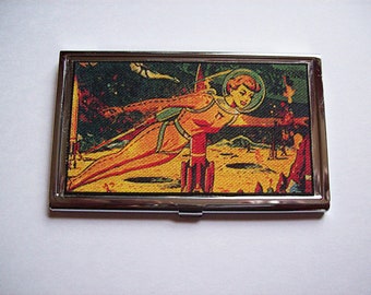 outer space business card holder retro vintage pin up girl case