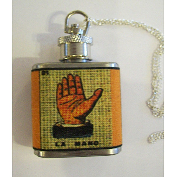 Loteria flask necklace retro vintage Mexicana pop culture folk art kitsch