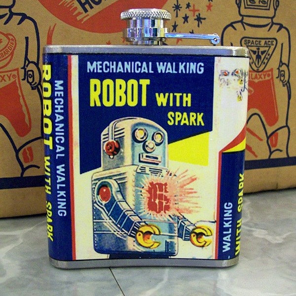 robot flask retro vintage 1950s tin toy outer space kitsch