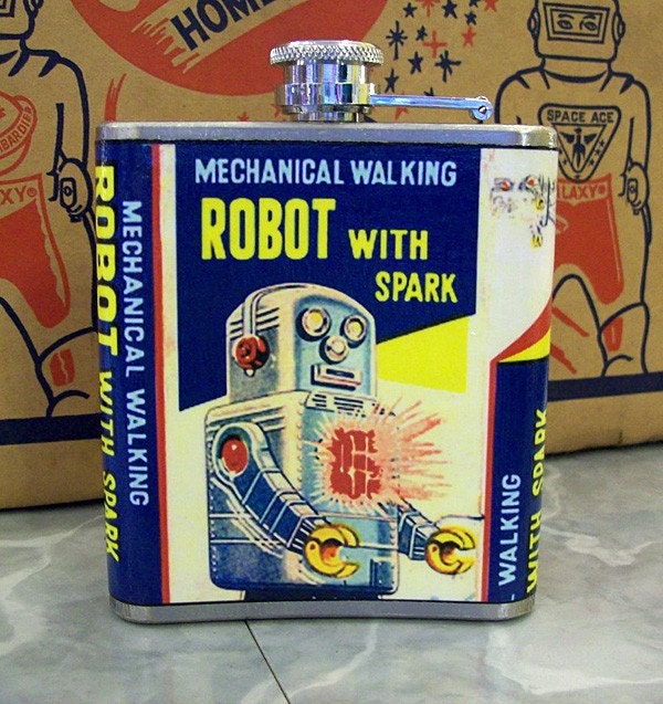 robot flask retro vintage 1950s tin toy outer space kitsch
