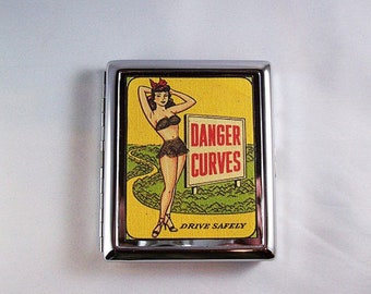 pin up girl metal wallet retro vintage cigarette case ID rockabilly kitsch