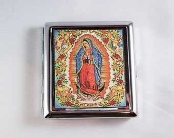 Virgin of Guadalupe metal wallet retro Mexico cigarette case business card holder kitsch