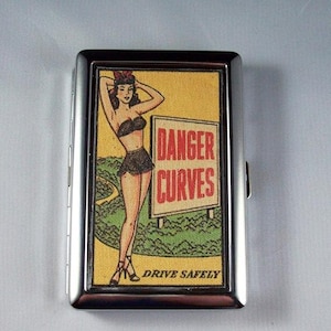 pin up girl metal wallet retro vintage cigarette case ID rockabilly kitsch