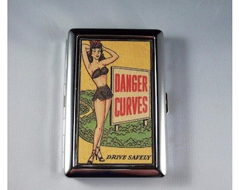 pin up girl metal wallet retro vintage cigarette case ID rockabilly kitsch