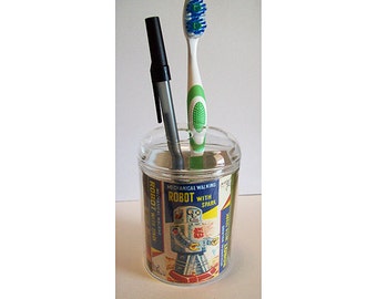 robot toothbrush holder retro vintage Fifties outer space tin toy bathroom kitsch