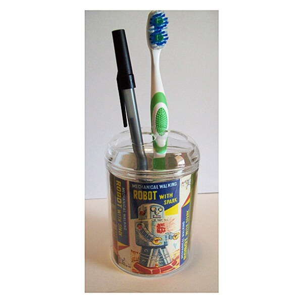 robot toothbrush holder retro vintage Fifties outer space tin toy bathroom kitsch