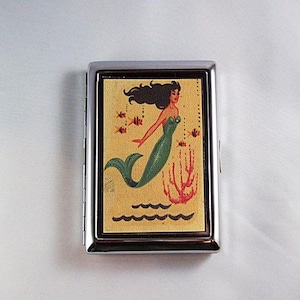 Cartera de metal con diseño de sirena, estilo retro, vintage, estilo pin-up, para cigarrillos, identificación, tarjetas de visita, rockabilly