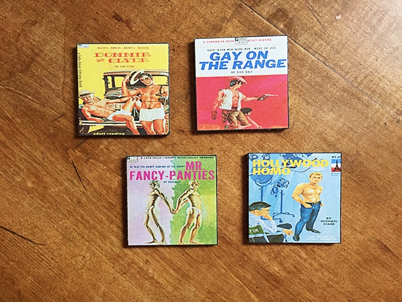 Gay pulp coasters retro vintage pulp fiction paperback art beefcake pin up kitsch image 1