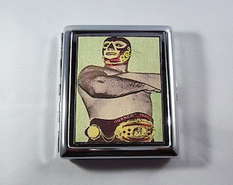 Lucha Libre metal wallet retro vintage Mexican wrestler cigarette case business card kitsch