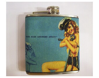 Sailor pin up girl flask retro vintage 1950s rockabilly burlesque nautical bar decor
