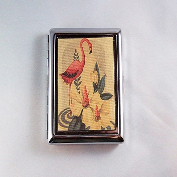 pink flamingo metal wallet retro vintage 1950s Florida bird cigarette case  rockabilly kitsch
