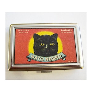 Portefeuille en métal rétro avec chat noir, étui à cigarettes publicitaire vintage, kitch rockabilly