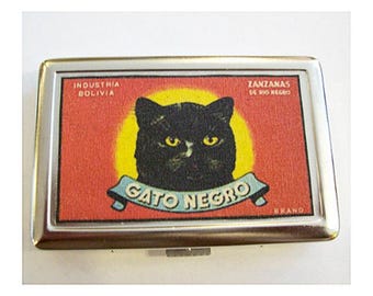 retro black cat metal wallet vintage advertising cigarette ID case rockabilly kitsch