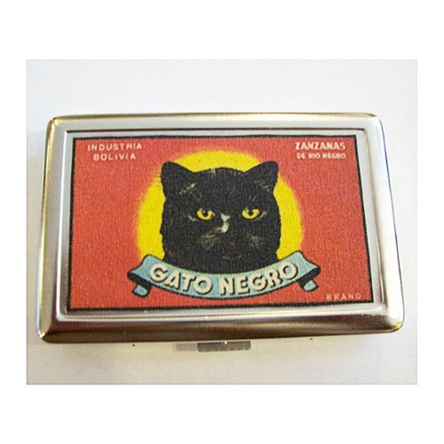 Cartera de metal retro con diseño de gato negro, estuche para identificación de cigarrillos con publicidad vintage, estilo rockabilly kitsch