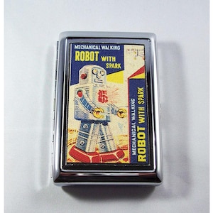 Cartera de metal con forma de robot, estilo retro vintage de los años 50, pitillera kitsch