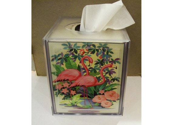 Ceramic Tissue Box Cover Floral 6 Square White w/Hand Painted Pink Flower