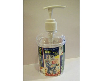 Dispensador de jabón robot retro vintage de los años 50, juguete de hojalata espacial para baño, kitsch