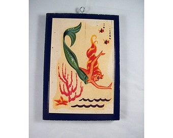 retro mermaid print vintage 1950s era pin up girl kitsch rockabilly nautical wall decor 3.5&quot; X 5&quot;