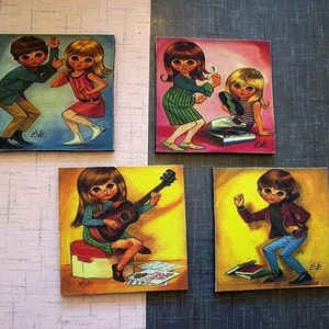 retro big eye print coasters vintage kitsch mod bar decor gogo sad eye bar decor