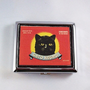 retro black cat metal wallet vintage advertising cigarette ID case rockabilly kitsch