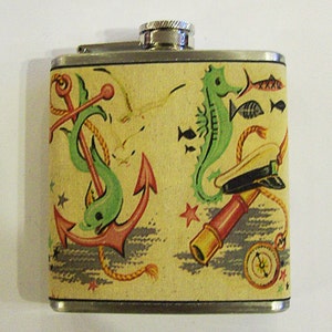 retro nautical flask vintage 1950s rockabilly seahorse anchor tattoo flash kitsch